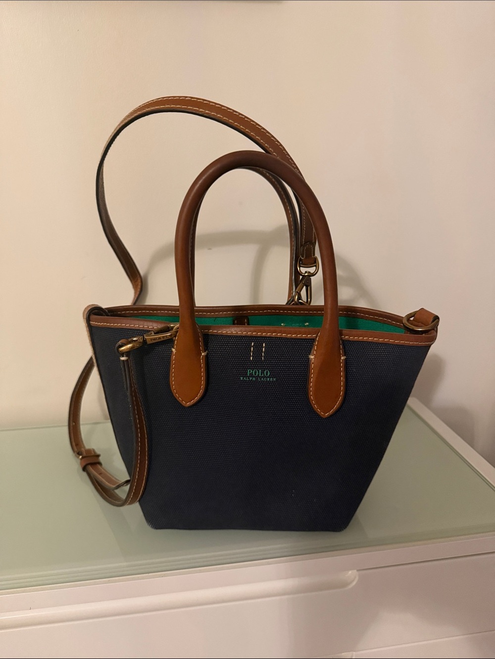Polo by Ralph Lauren Navy Canvas Satchel with Brown Leather Trim